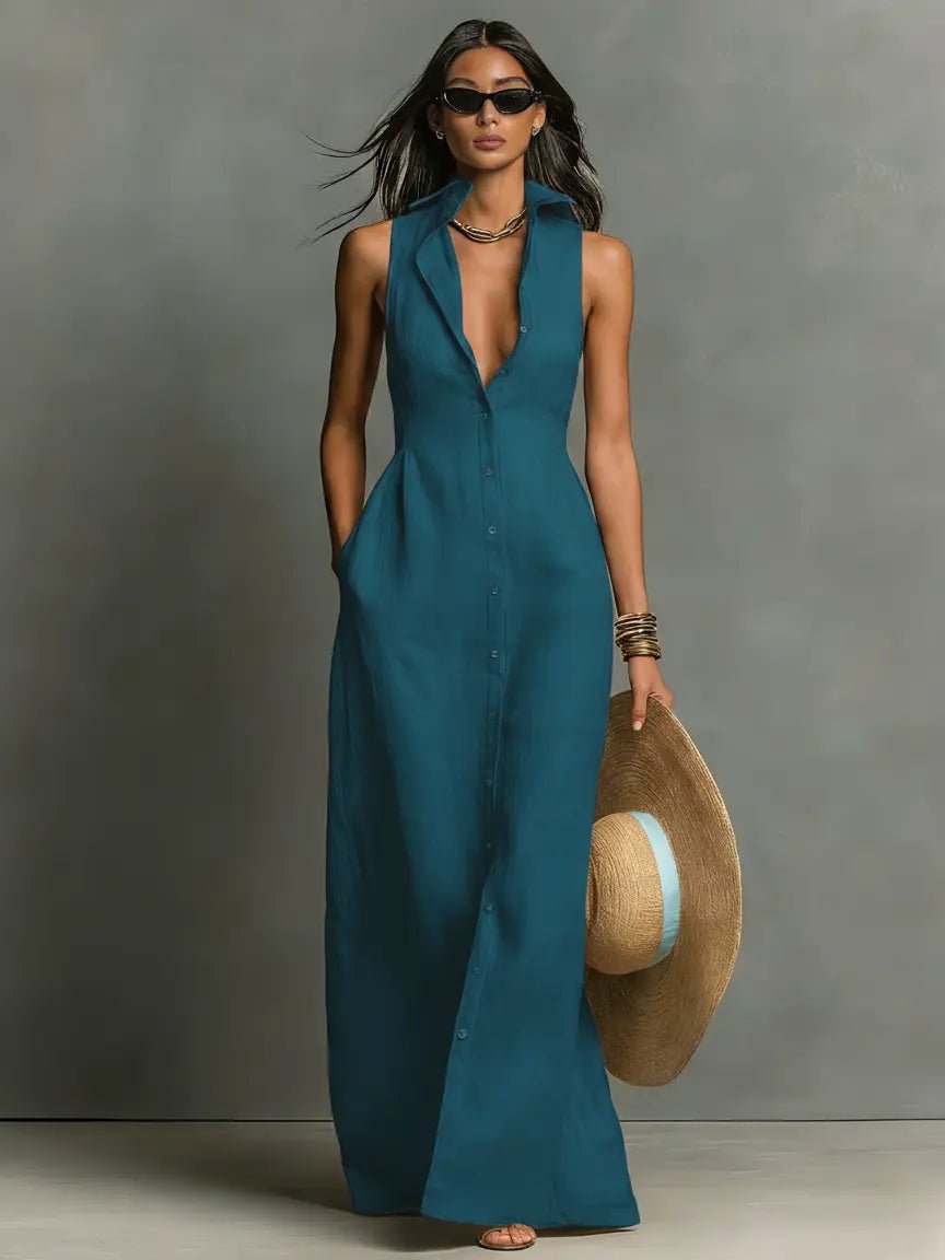 Dames Mouwloze Maxi Jurk met Kraag en Knoopsluiting Blauwgroen
