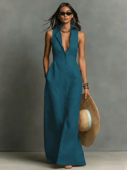 Dames Mouwloze Maxi Jurk met Kraag en Knoopsluiting Blauwgroen