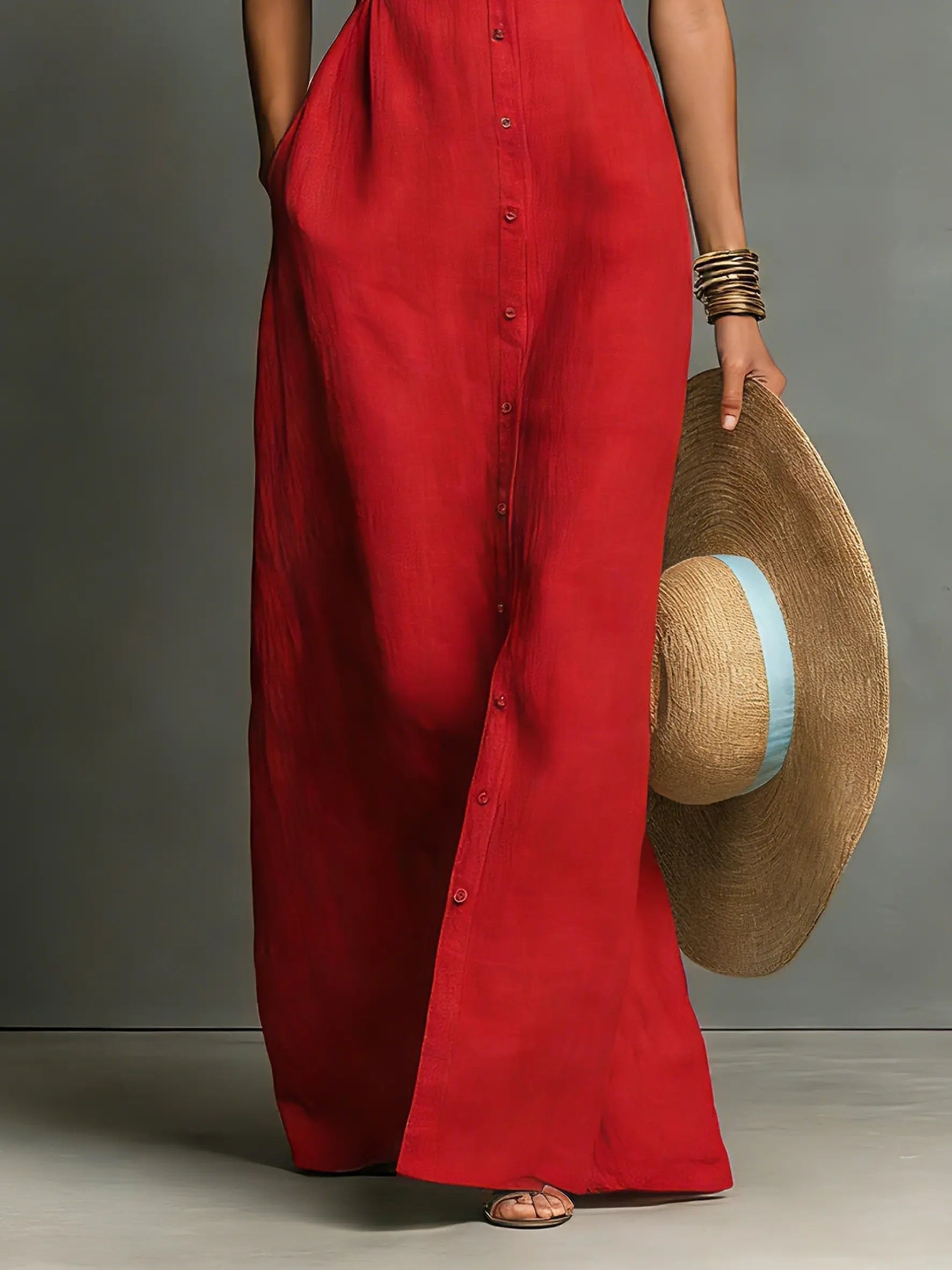 Dames Mouwloze Maxi Jurk met Kraag en Knoopsluiting