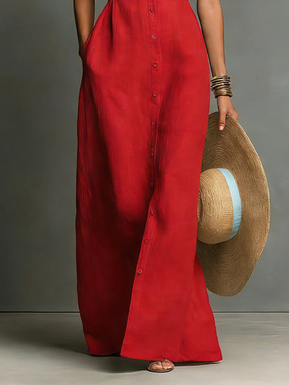 Dames Mouwloze Maxi Jurk met Kraag en Knoopsluiting