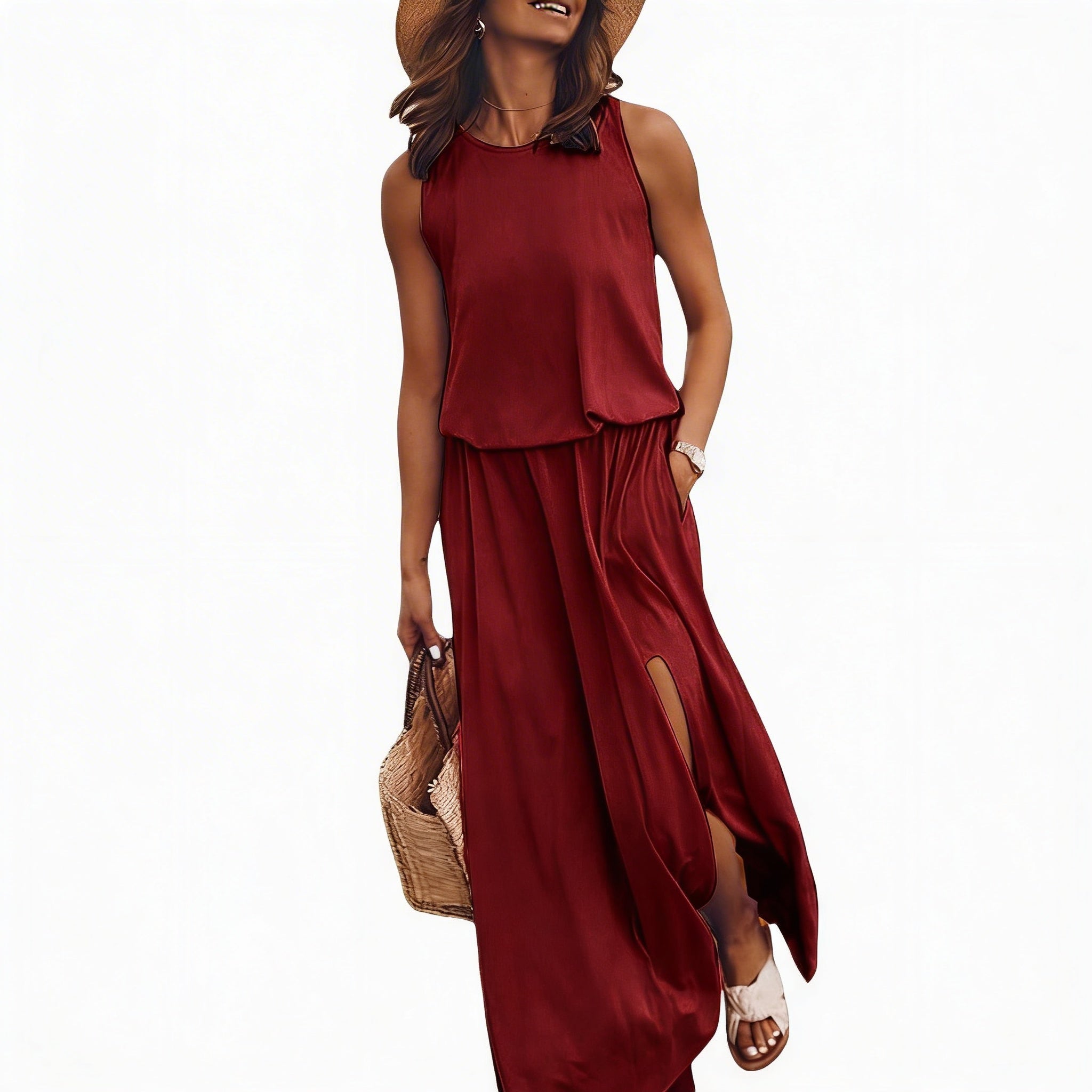 Dames Mouwloze Maxi Jurk met Ronde Hals en Split