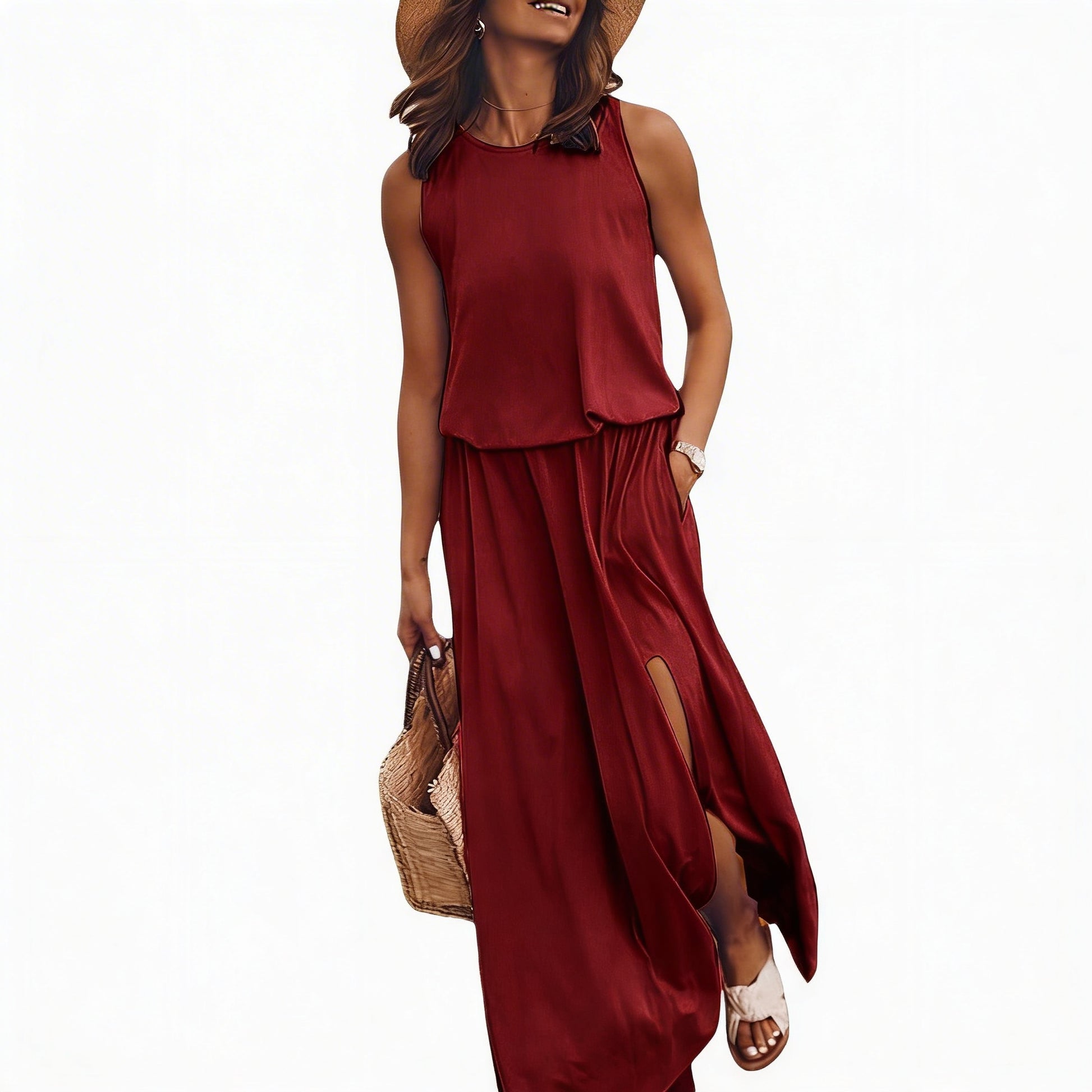 Dames Mouwloze Maxi Jurk met Ronde Hals en Split