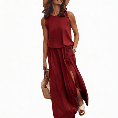Dames Mouwloze Maxi Jurk met Ronde Hals en Split