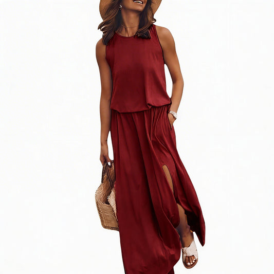 Dames Mouwloze Maxi Jurk met Ronde Hals en Split