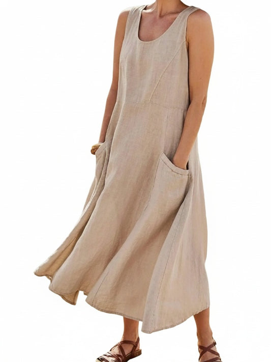 Dames Mouwloze Maxi Jurk met Zakken en Ronde Hals