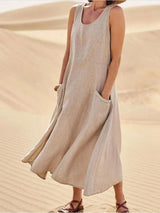 Dames Mouwloze Maxi Jurk met Zakken en Ronde Hals