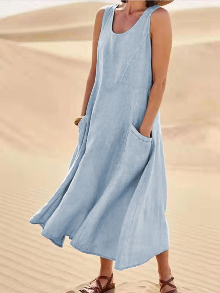 Dames Mouwloze Maxi Jurk met Zakken en Ronde Hals Lichtblauw