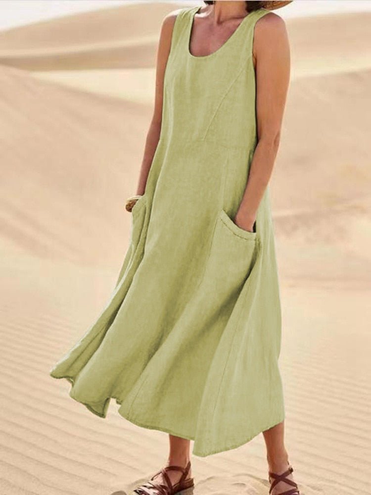 Dames Mouwloze Maxi Jurk met Zakken en Ronde Hals Lichtgroen