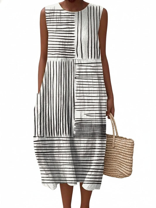 Dames Mouwloze Midi Jurk met Grafisch Streepprint en Ronde Hals