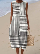 Dames Mouwloze Midi Jurk met Grafisch Streepprint en Ronde Hals