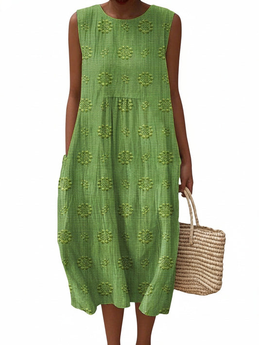 Dames Mouwloze Midi Jurk met Ronde Hals en Geborduurde Bloemenprint