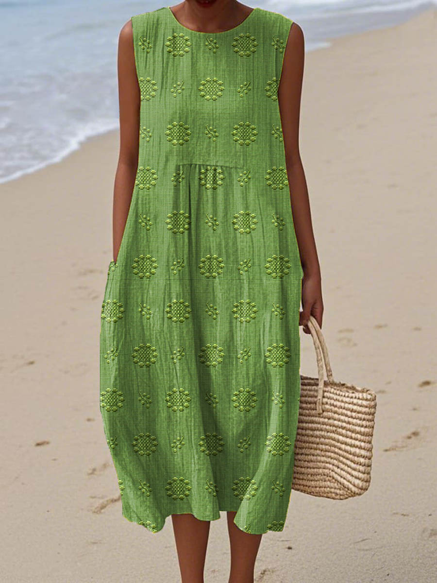 Dames Mouwloze Midi Jurk met Ronde Hals en Geborduurde Bloemenprint Groen