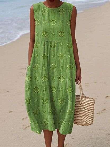 Dames Mouwloze Midi Jurk met Ronde Hals en Geborduurde Bloemenprint Groen