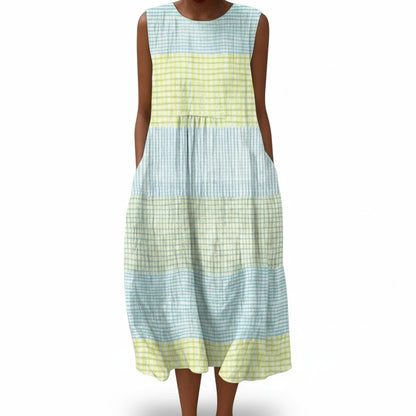 Dames Mouwloze Midi Jurk met Ronde Hals en Gelaagde Silhouet