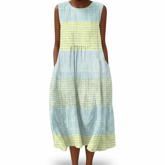 Dames Mouwloze Midi Jurk met Ronde Hals en Gelaagde Silhouet