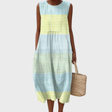 Dames Mouwloze Midi Jurk met Ronde Hals en Gelaagde Silhouet