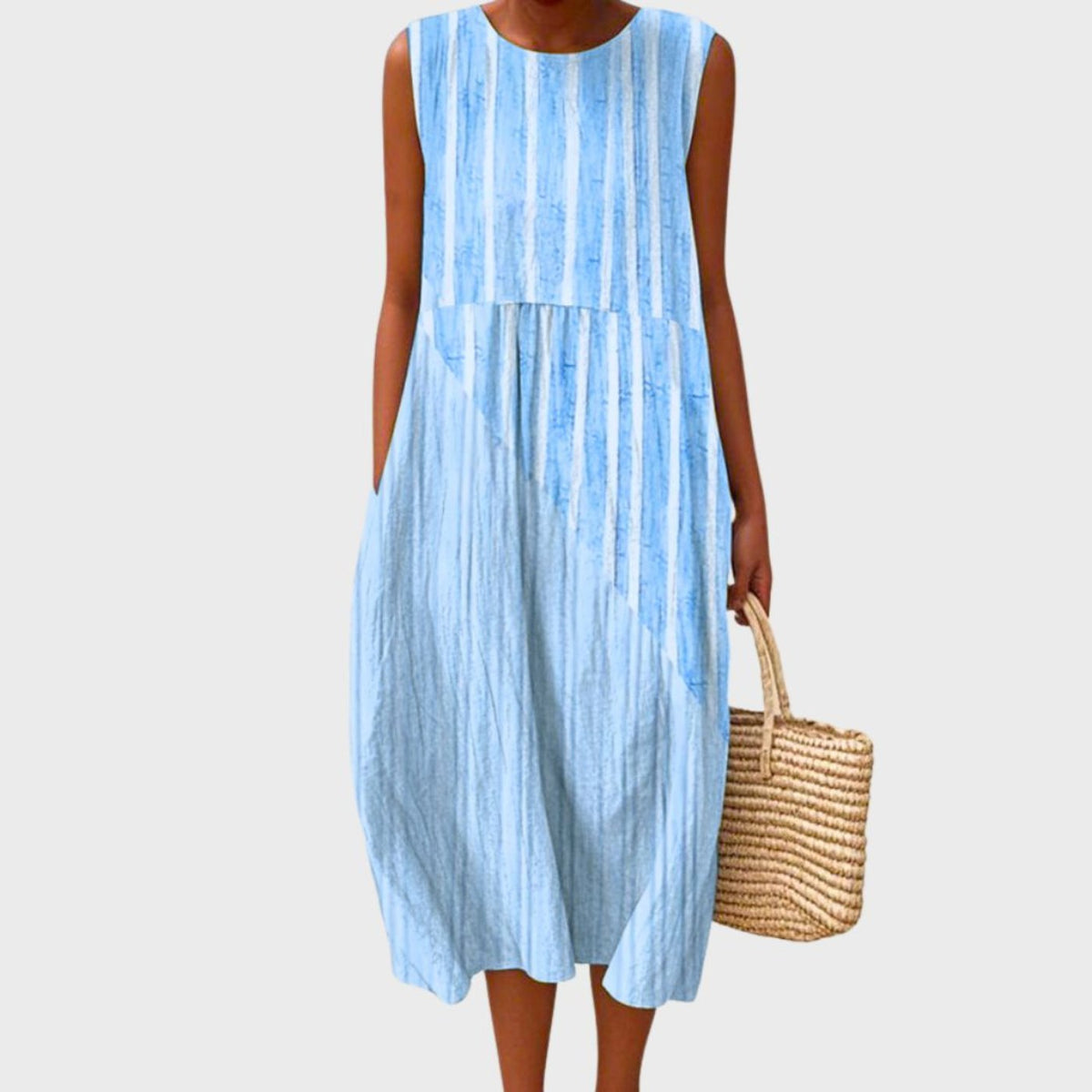 Dames Mouwloze Midi Jurk met Ronde Hals en Gelaagde Silhouet Lichtblauw