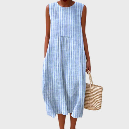 Dames Mouwloze Midi Jurk met Ronde Hals en Gelaagde Silhouet Blauw