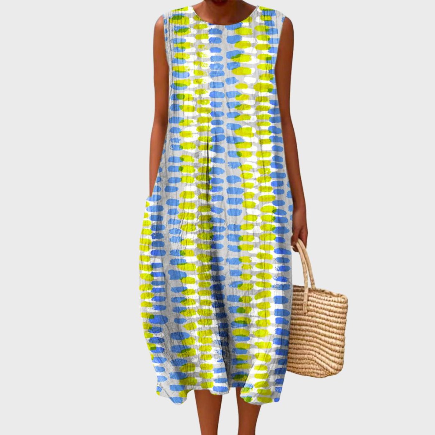 Dames Mouwloze Midi Jurk met Ronde Hals en Gelaagde Silhouet Lichtgrijs