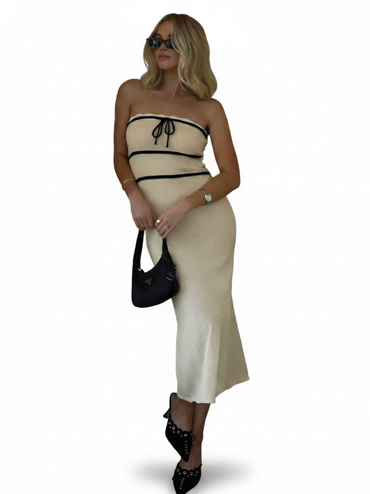 Dames Mouwloze Midi Jurk met Strapless Halslijn en Contrastbies