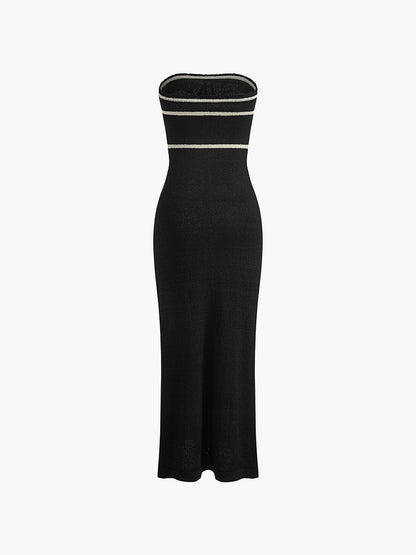 Dames Mouwloze Midi Jurk met Strapless Halslijn en Contrastbies