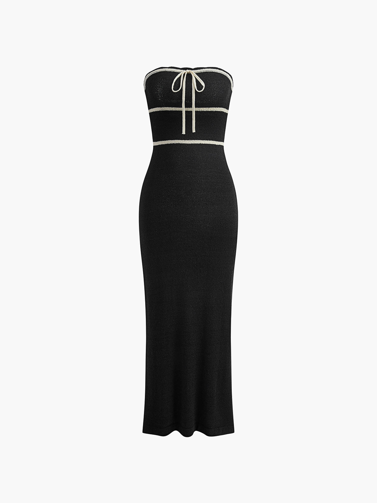 Dames Mouwloze Midi Jurk met Strapless Halslijn en Contrastbies Zwart Wit