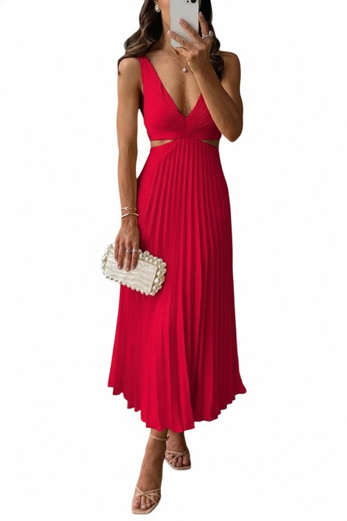 Dames Mouwloze Midi Jurk met V-hals, Cut-outs en Geplooide Rok