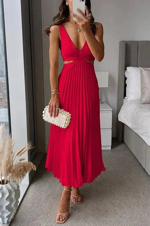 Dames Mouwloze Midi Jurk met V-hals, Cut-outs en Geplooide Rok Rood