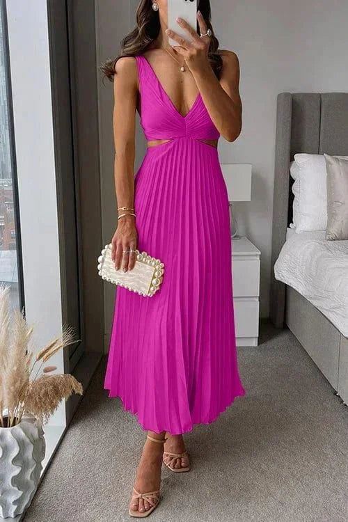 Dames Mouwloze Midi Jurk met V-hals, Cut-outs en Geplooide Rok Roze