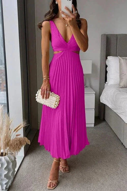Dames Mouwloze Midi Jurk met V-hals, Cut-outs en Geplooide Rok Roze