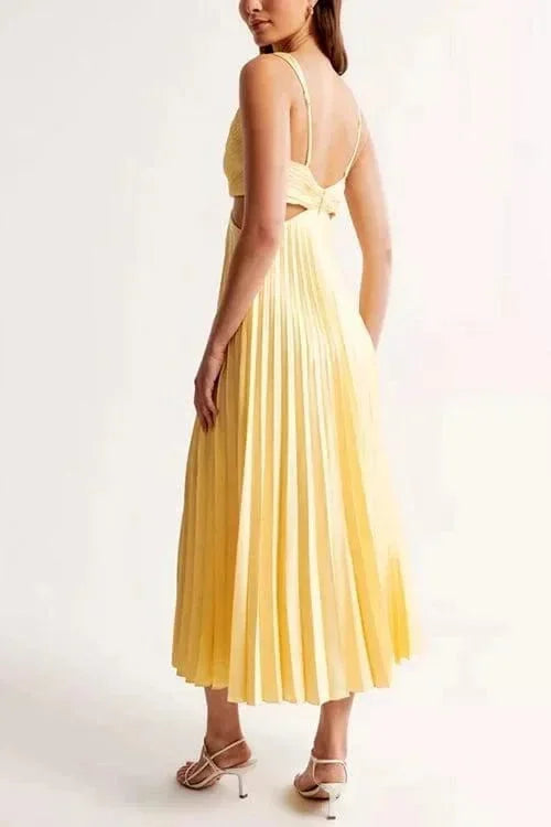 Dames Mouwloze Midi Jurk met V-hals, Cut-outs en Geplooide Rok