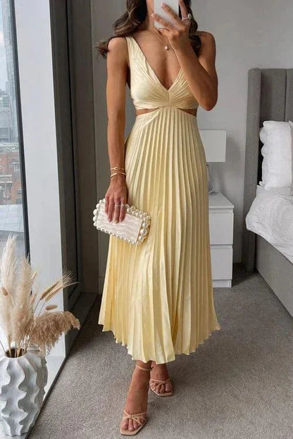 Dames Mouwloze Midi Jurk met V-hals, Cut-outs en Geplooide Rok Geel