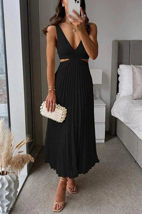 Dames Mouwloze Midi Jurk met V-hals, Cut-outs en Geplooide Rok Zwart