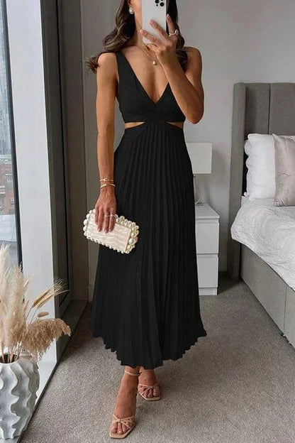 Dames Mouwloze Midi Jurk met V-hals, Cut-outs en Geplooide Rok Zwart