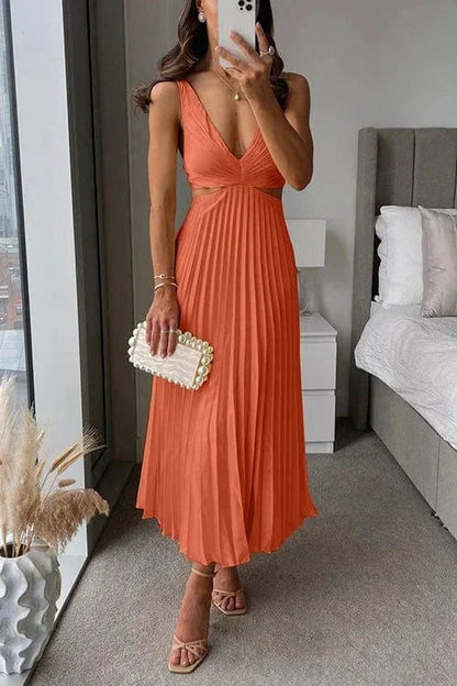 Dames Mouwloze Midi Jurk met V-hals, Cut-outs en Geplooide Rok Oranje