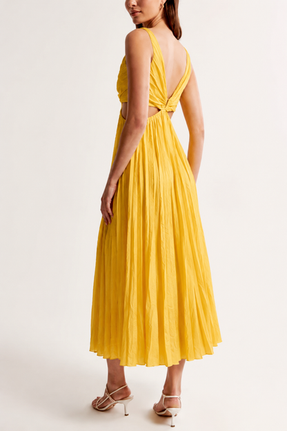 Dames Mouwloze Midi Jurk met V-hals, Cut-outs en Geplooide Rok