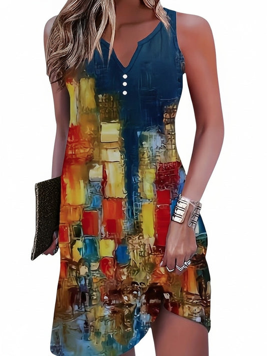 Dames Mouwloze Midi Jurk met V-hals en Knoopdetail