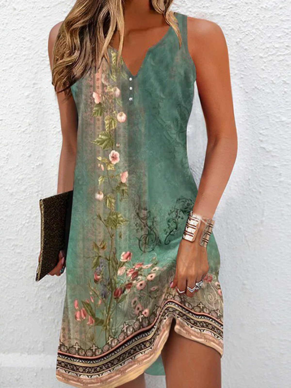 Dames Mouwloze Midi Jurk met V-hals en Knoopdetail Groen