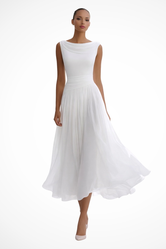 Dames Mouwloze Midi Jurk met Waterval Hals en Geplooide A-lijn Rok Wit