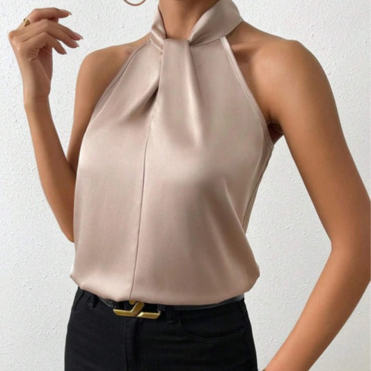 Dames Mouwloze Top met Geknoopte Halter en Vloeiende Pasvorm Lichtbruin