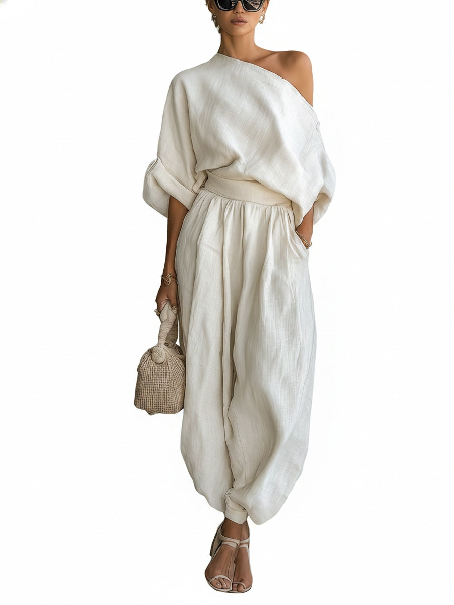 Dames Off-Shoulder Top en Broek Set met Wijde Pijpen en Elastische Taille