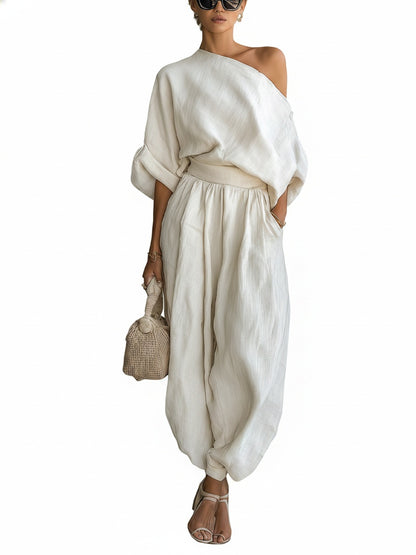 Dames Off-Shoulder Top en Broek Set met Wijde Pijpen en Elastische Taille