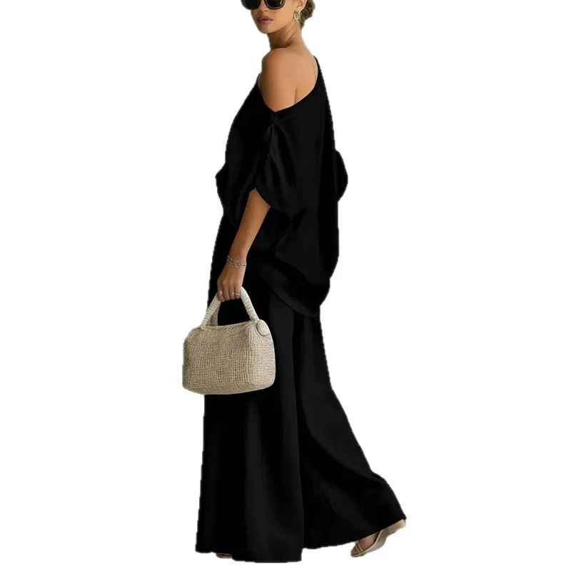 Dames Off-Shoulder Top en Broek Set met Wijde Pijpen en Elastische Taille Zwart