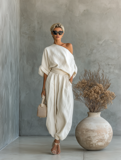 Dames Off-Shoulder Top en Broek Set met Wijde Pijpen en Elastische Taille