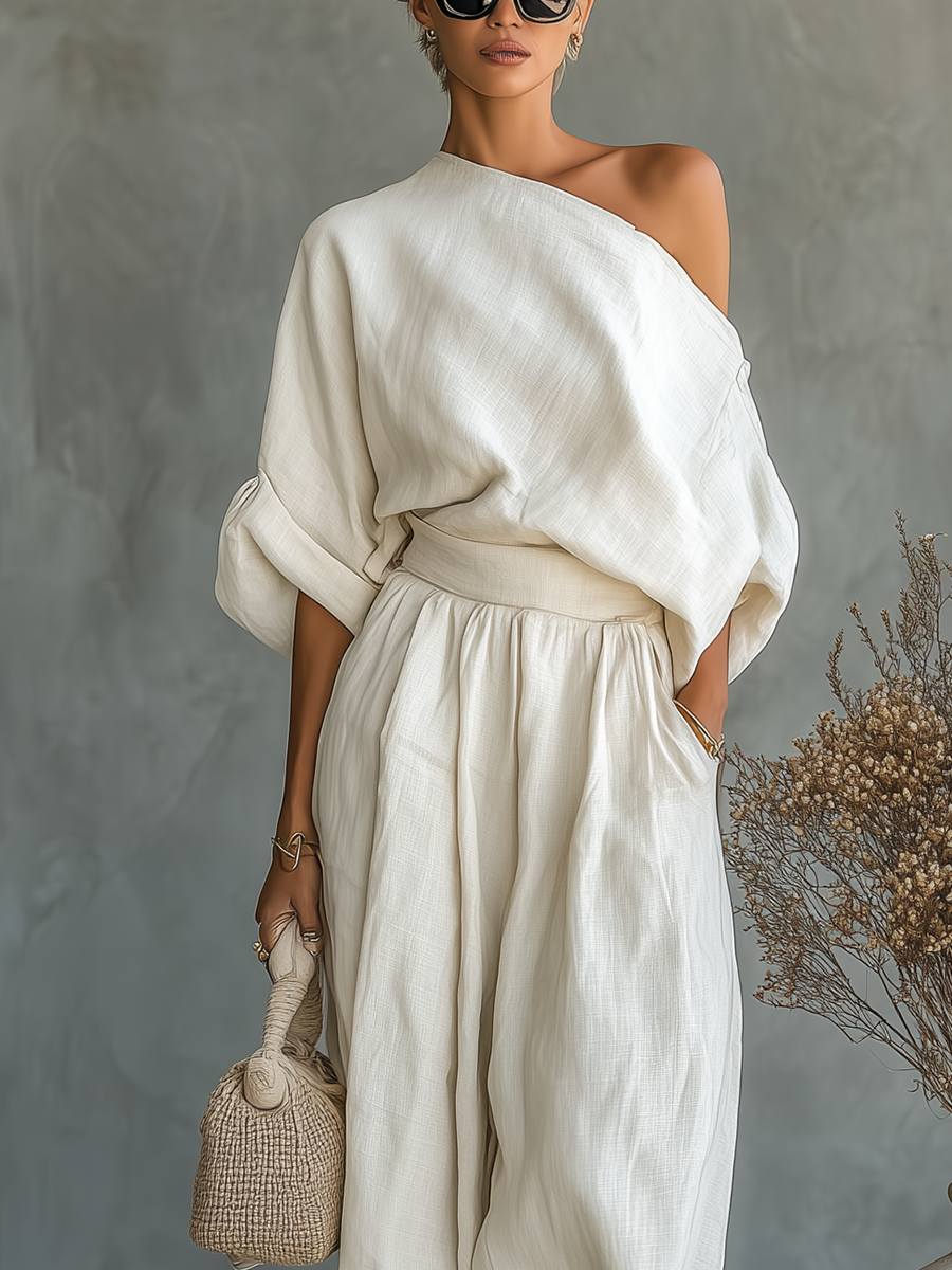 Dames Off-Shoulder Top en Broek Set met Wijde Pijpen en Elastische Taille