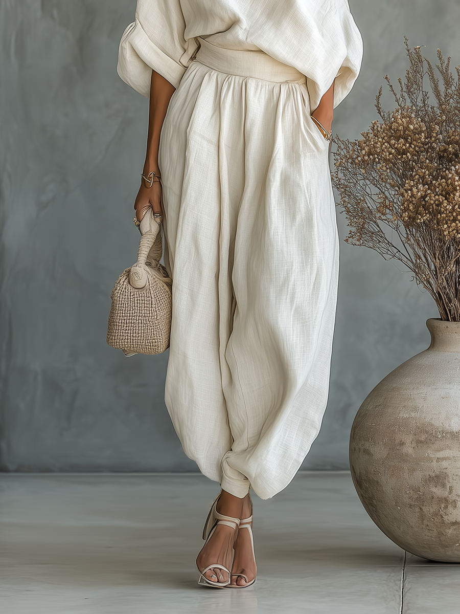 Dames Off-Shoulder Top en Broek Set met Wijde Pijpen en Elastische Taille