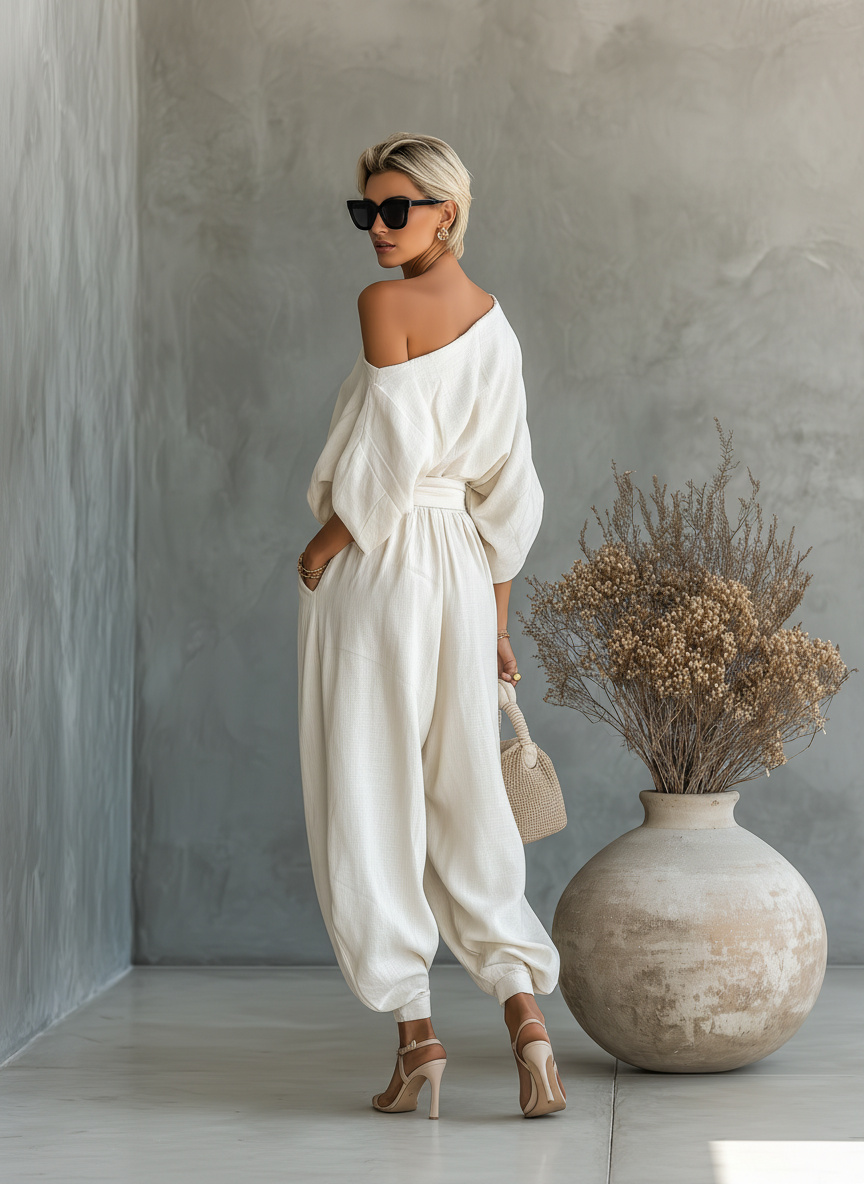 Dames Off-Shoulder Top en Broek Set met Wijde Pijpen en Elastische Taille