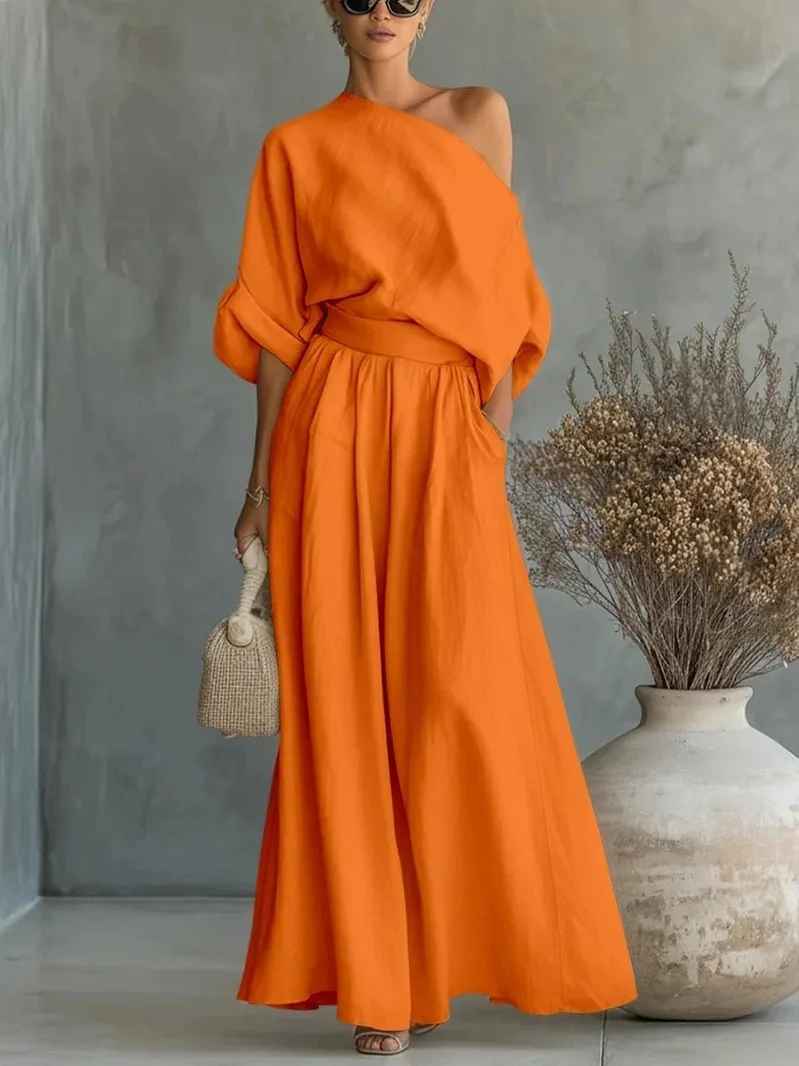 Dames Off-Shoulder Top en Broek Set met Wijde Pijpen en Elastische Taille Oranje