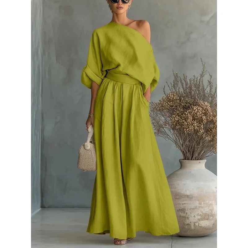 Dames Off-Shoulder Top en Broek Set met Wijde Pijpen en Elastische Taille Groen