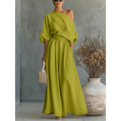 Dames Off-Shoulder Top en Broek Set met Wijde Pijpen en Elastische Taille Groen